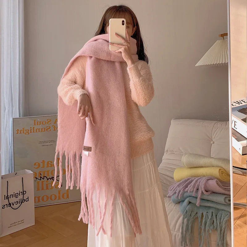 women's sweet color block polyester tassel scarf
