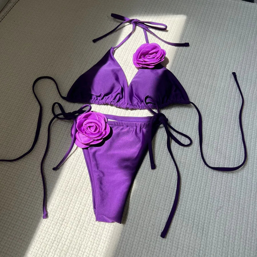 Women's Solid Color Flower 2 Pieces Set Bikinis Swimwear