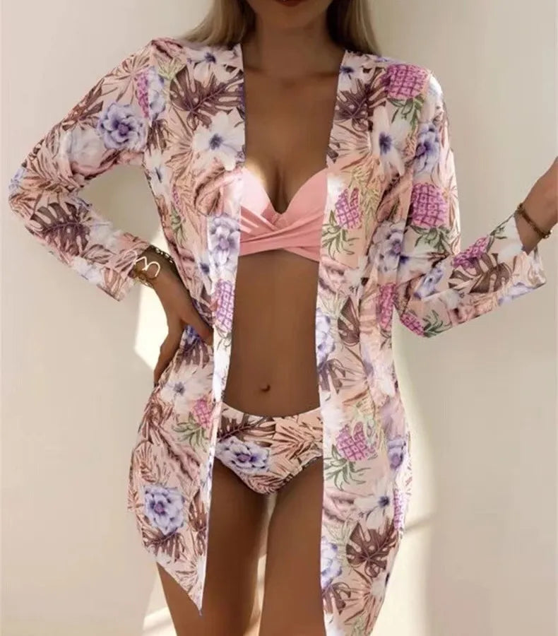 Women's Vacation Printing Solid Color 3 Pieces Set Bikinis Swimwear
