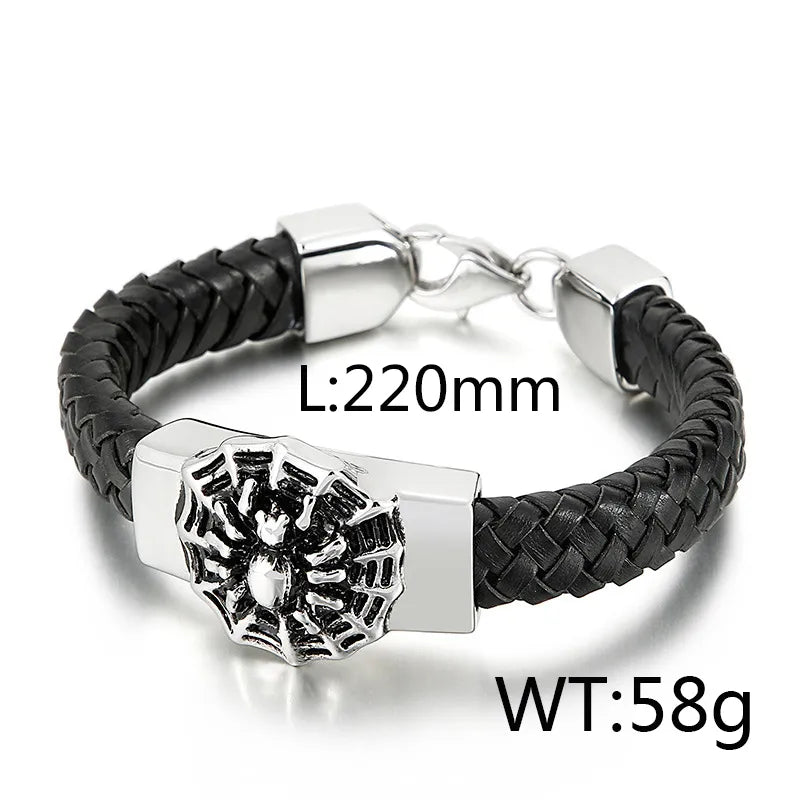 hip-hop retro color block pu leather titanium steel braid men's bangle