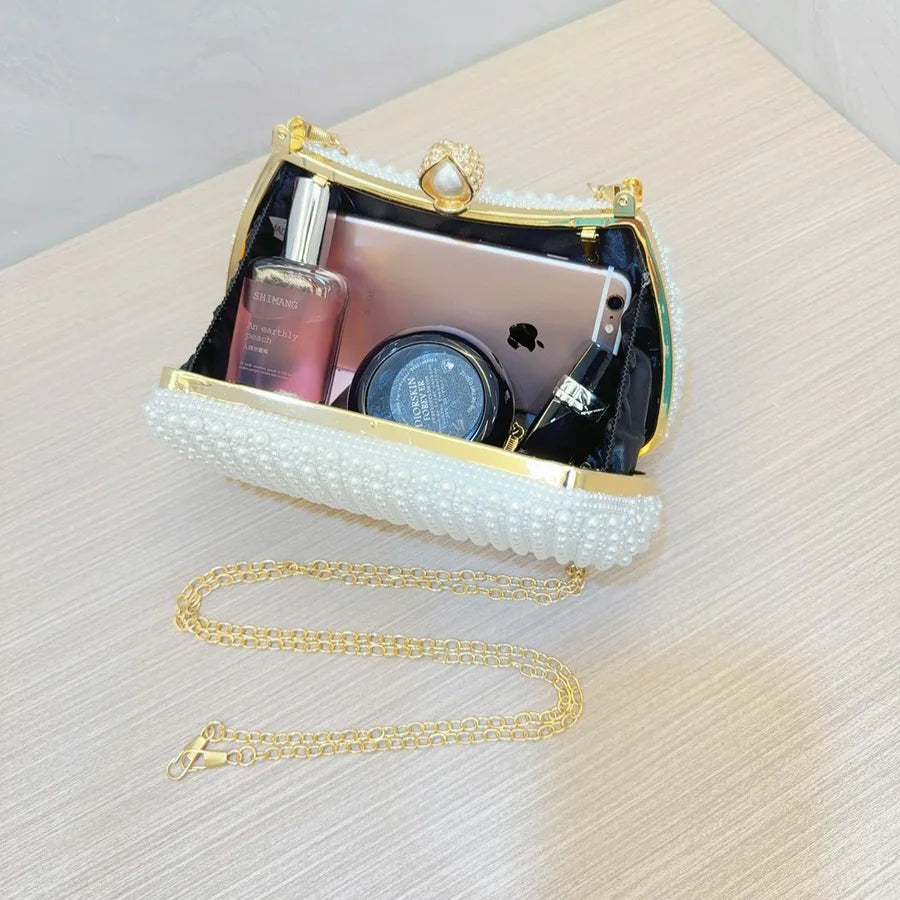 White Beige Black Polyester Solid Color Pearls Evening Bags
