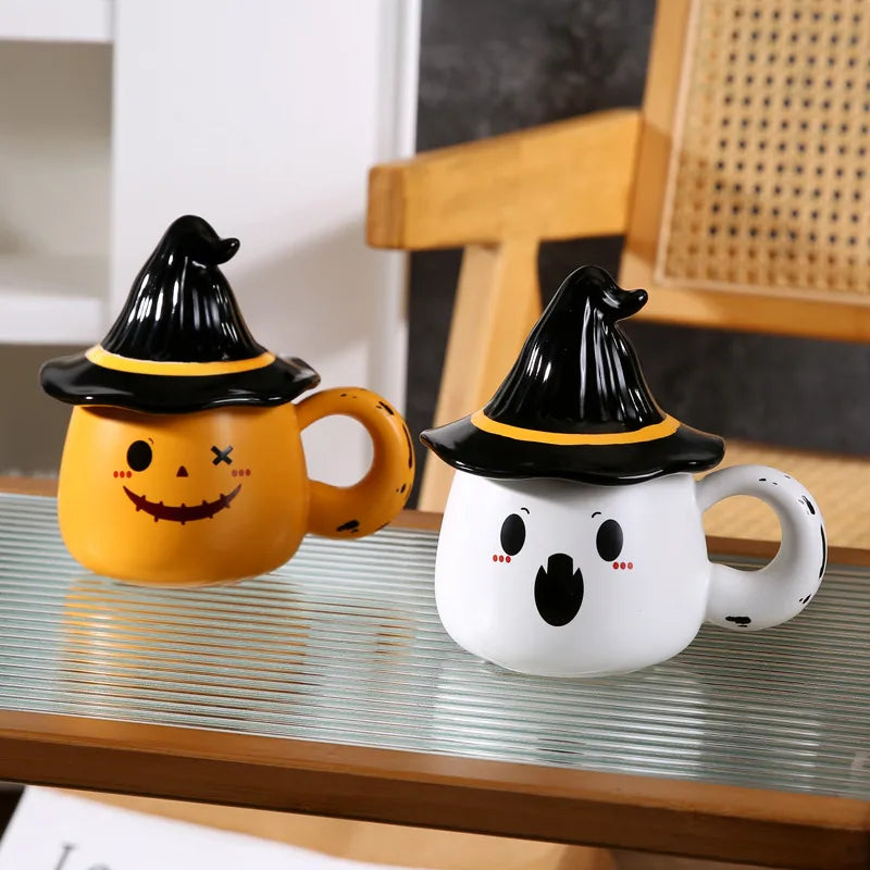 Creative Ghost Ceramic Mugs Halloween Office Coffee Cups With Lid Personalized Funny Water Cups Cartoon Style Gift Ideas