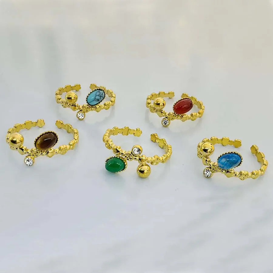 Wholesale Jewelry Casual Simple Style Commute Solid Color 304 Stainless Steel December Birthstone Turquoise Zircon 18K Gold Plated Plating Inlay Open Rings