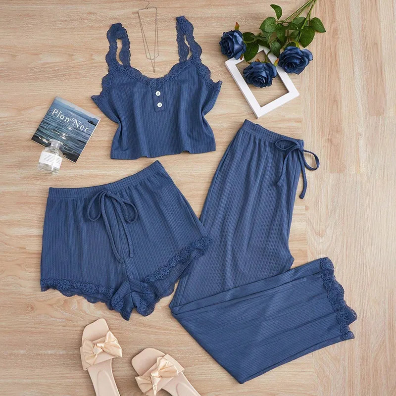 Europe and the United States  foreign trade new lace lace pit vest trousers pajamas women wear slim three-piece suit
