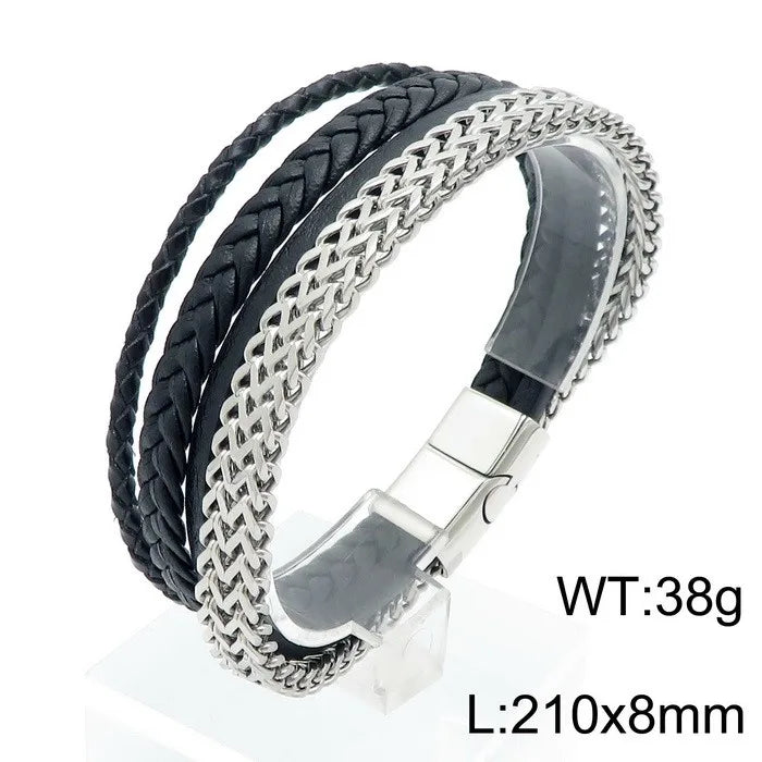 hip-hop geometric stainless steel leather braid bangle