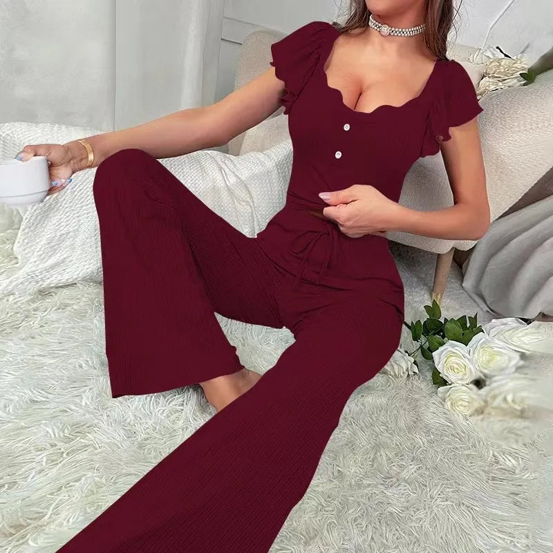 Casual Women's Sleepwear Set Short Sleeve Ruffle Hem Top Long Pants Home Comfortable Polyester Milk Silk Spring Fashion