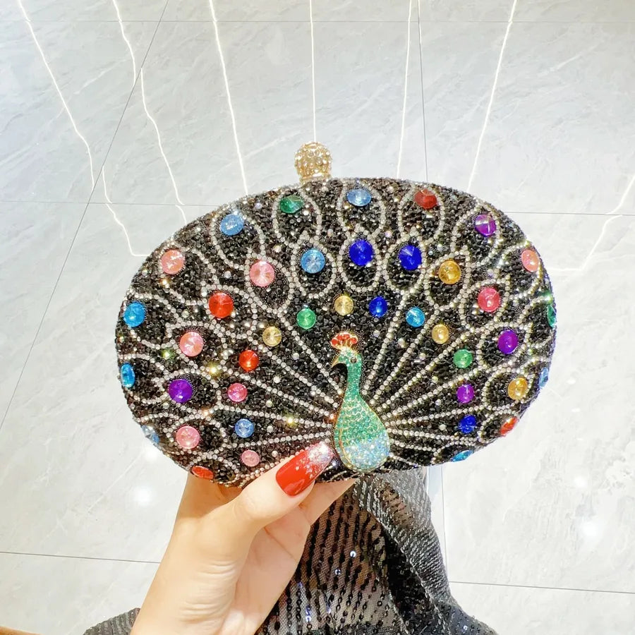 Green Silver Black Polyester Peacock Oval Evening Bags