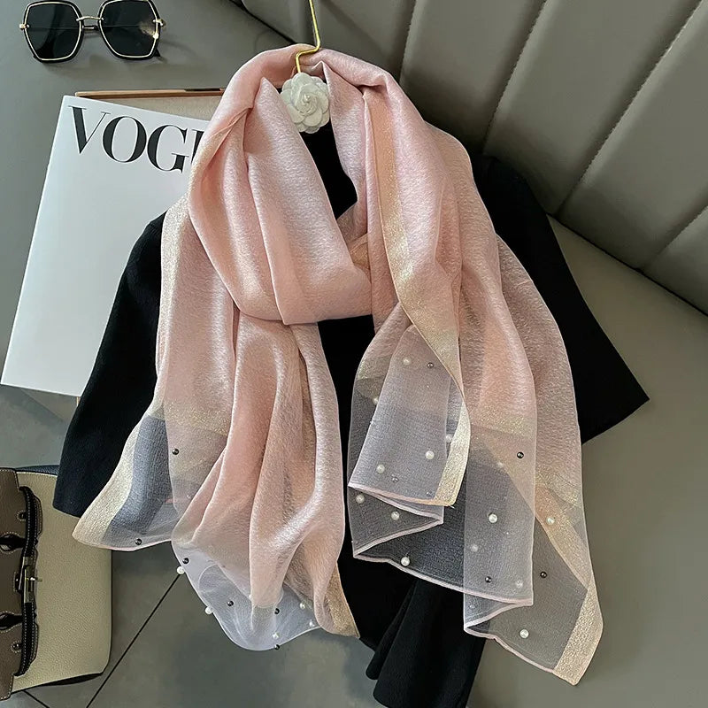 women's simple style color block satin pearl silk scarf