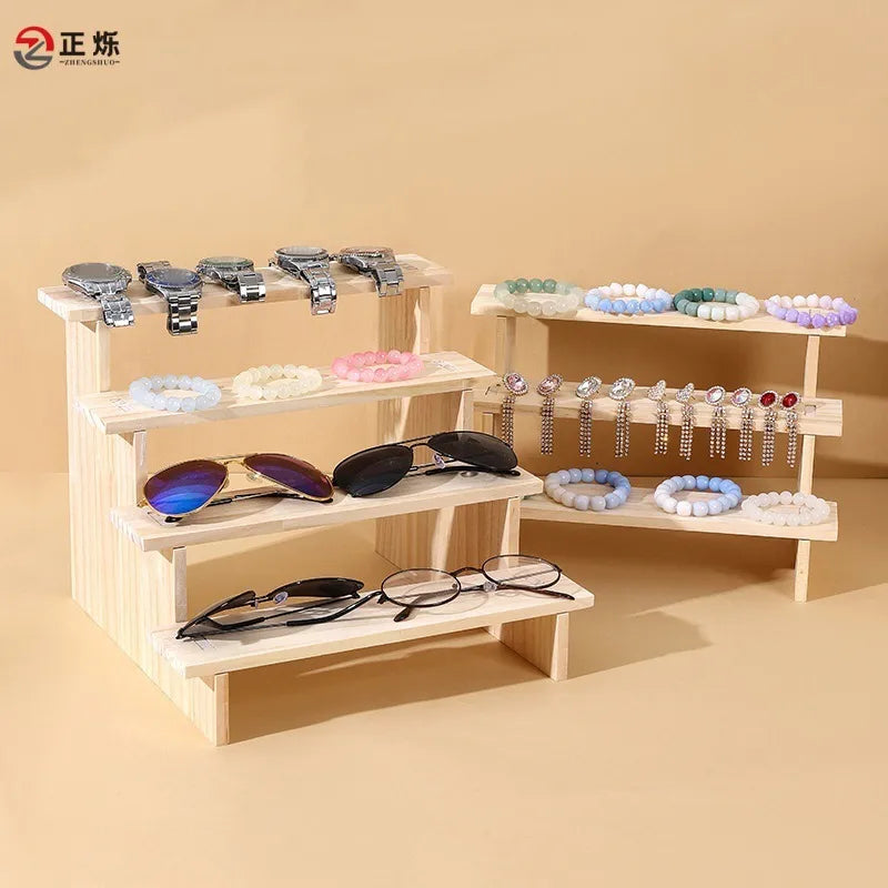 Rustic Wooden Staircase Display Stand For Accessories Toy Figure Eyewear Vintage Design Jewelry Live Broadcast Props Stand