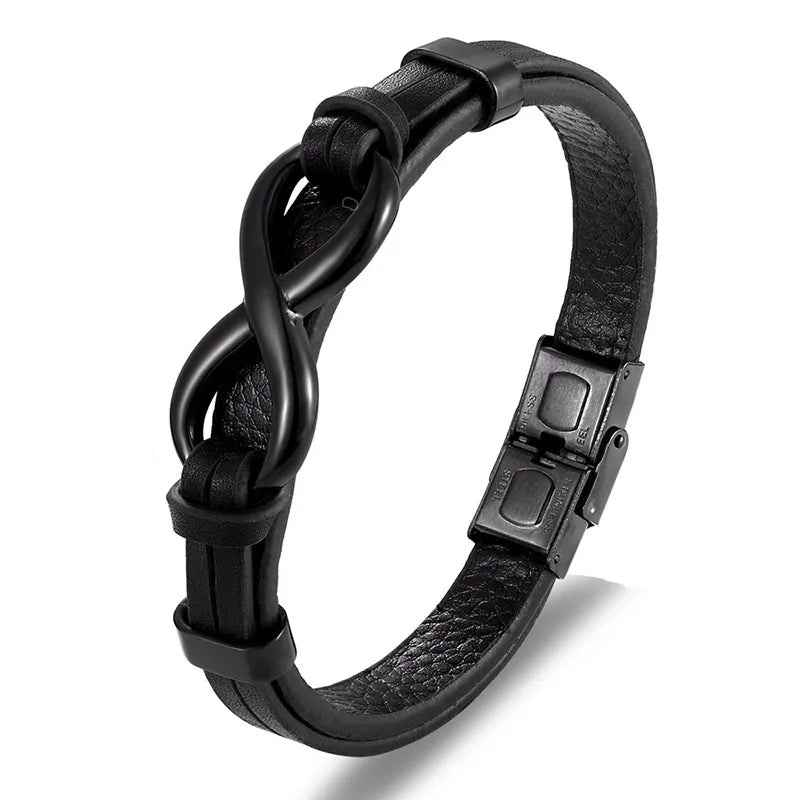 Vintage Style Infinity Pu Leather Titanium Steel Woven Chain Wrap Bracelets Wholesale