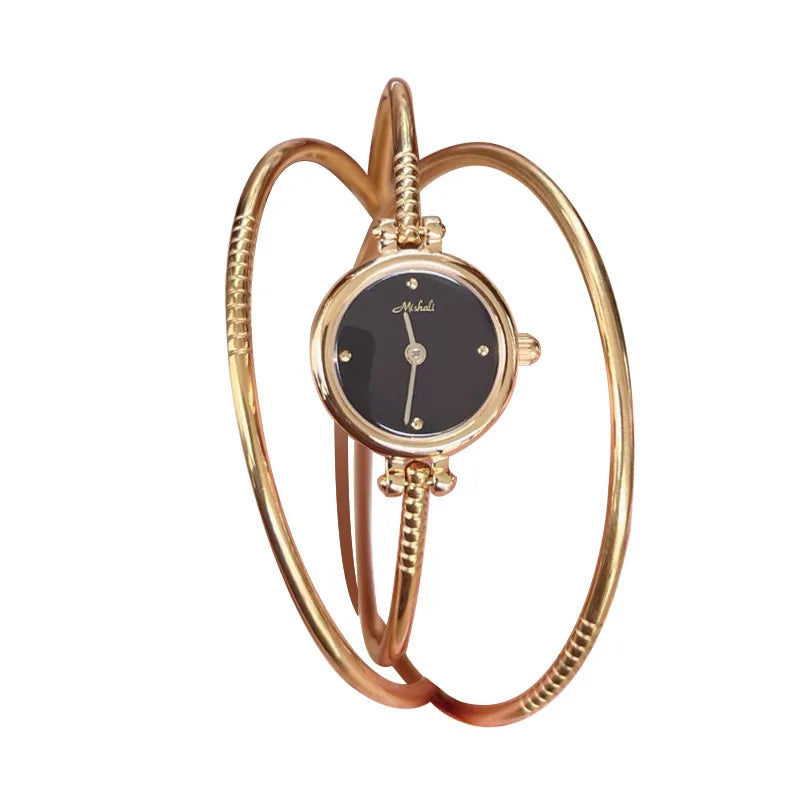 Waterproof Gold Quartz Watch Bracelet Style Three Rings Ladies Elegant Fashion Stainless Steel Band Mineral Glass Face Round Dial