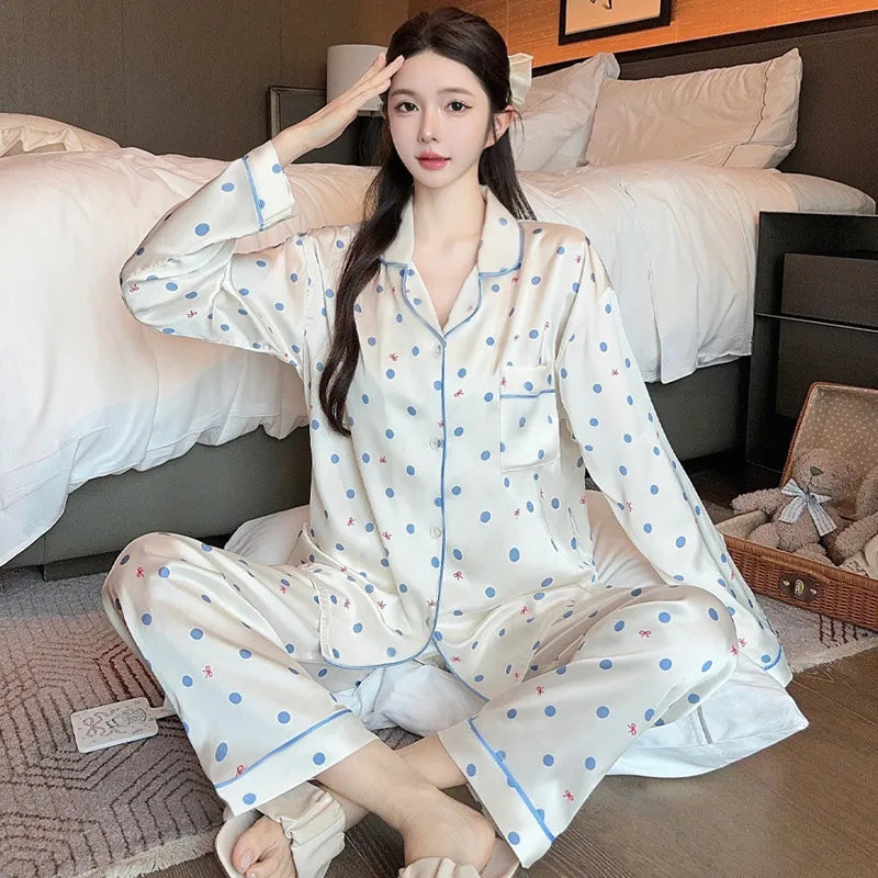 French Anti-Aging Sleepwear Women's Spring Autumn New Simple Polka Dot Long Sleeve Long Pants Ice Silk Home Clothes Fashion Set