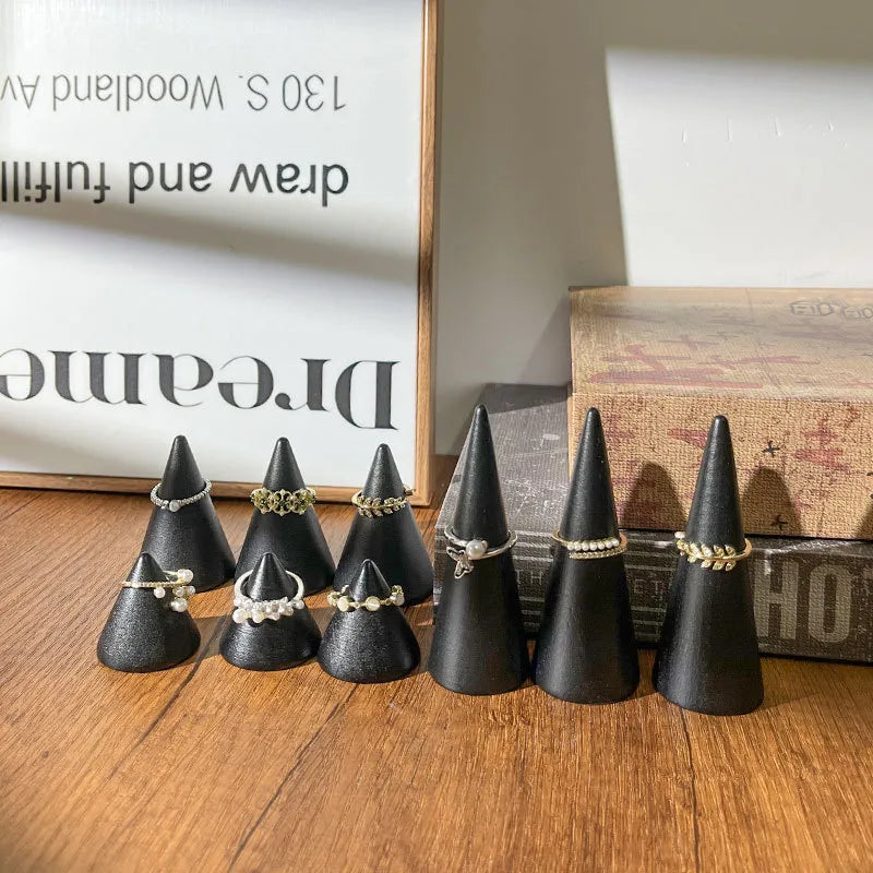 Black Solid Wood Ring Display Stand Cone Base Ring Holder Jewelry Storage Photography Props Geometric Pattern Premium Feeling Spray Paint