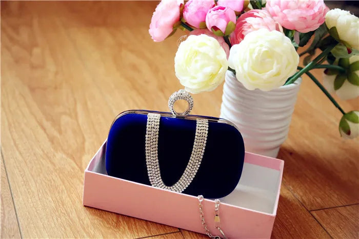 red khaki dark blue velvet solid color rhinestone pillow shape clutch evening bag