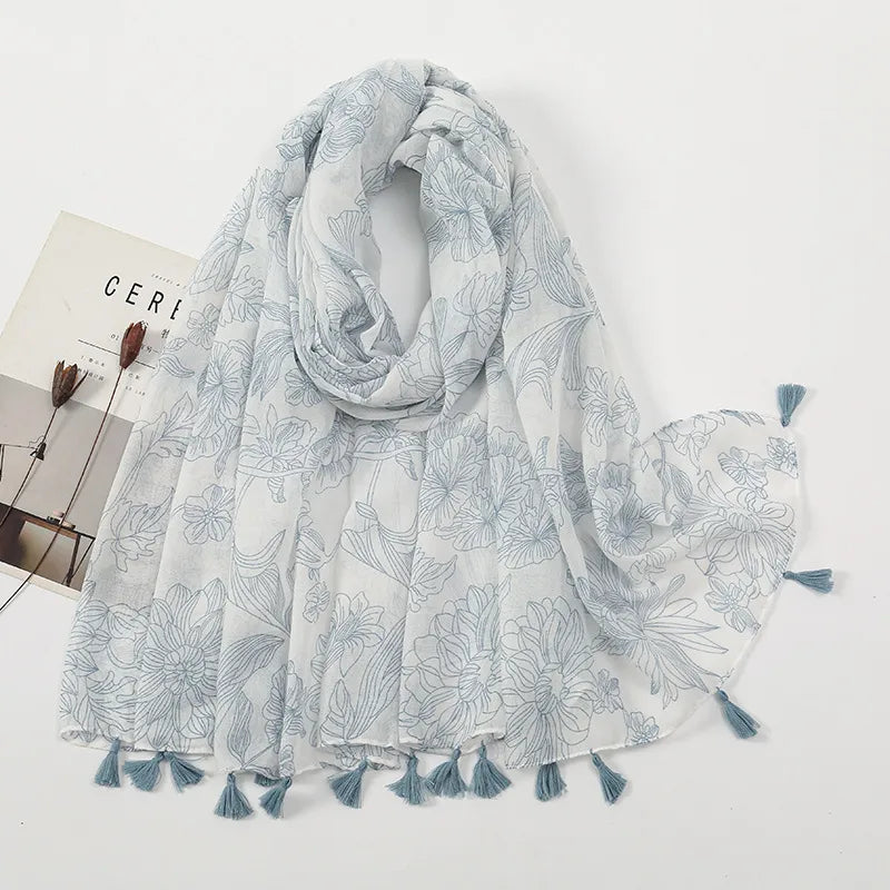 women's sweet flower cotton and linen tassel silk scarves