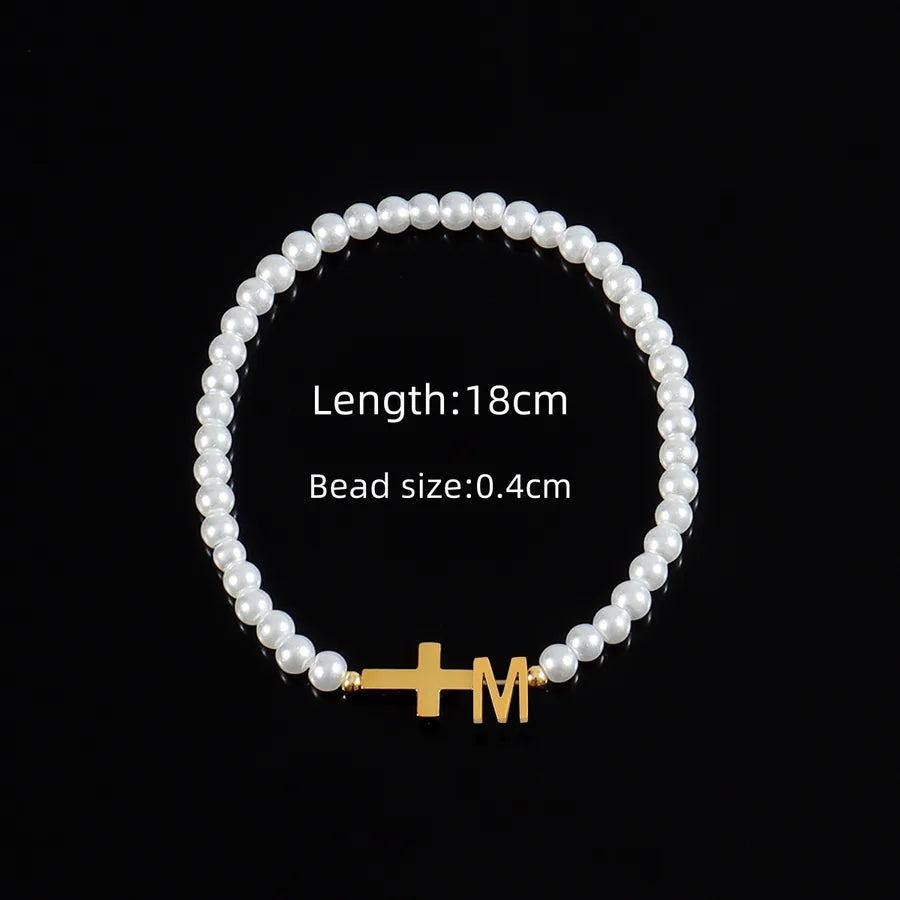 Classic Style Cross Letter 304 Stainless Steel Artificial Pearl Beaded Chain Beaded Bracelets Wholesale