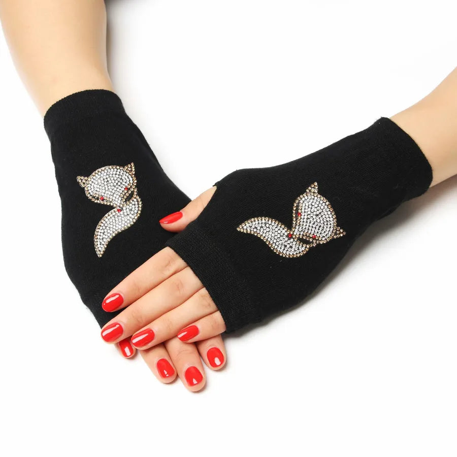 unisex retro bear owl flower knitted fabric gloves 1 pair