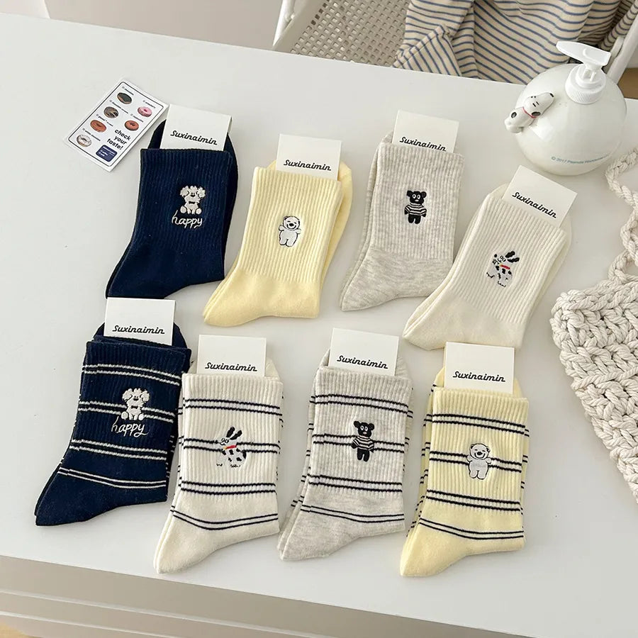 Spring and Summer suxinaimin Cute Dog Embroidered Trendy Healing Striped Mid-Socks Ins Casual Piled Socks