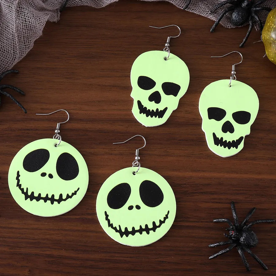 Gothic Style Fluorescent Green Skeleton Face Halloween Pendants Earrings Double Sided Elegant Skull Head Women's Jewelry