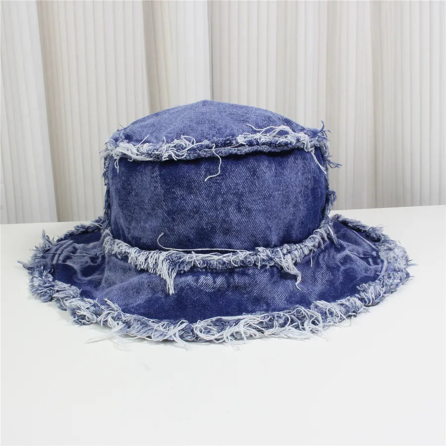 Retro New Style Denim Fishing Cap Women's Harajuku Sun Protection Bucket Hat Cuffed Tear Design Casual Versatile Streetwear