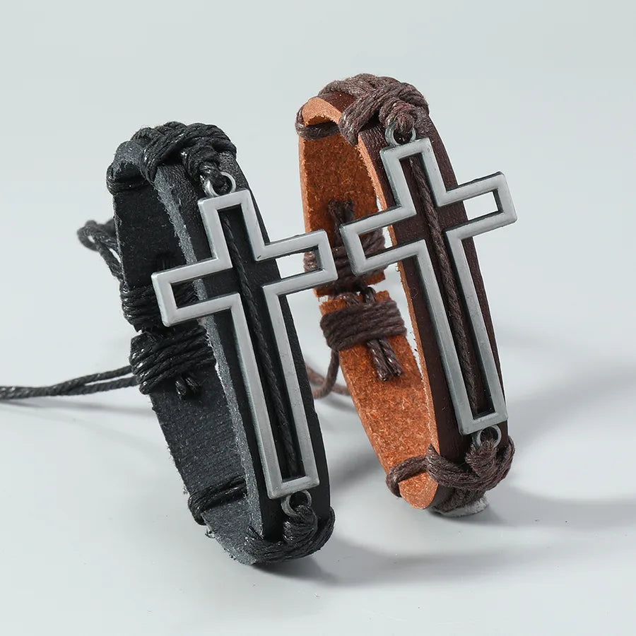 Retro Punk Cross Pu Leather Alloy Men's Drawstring Bracelets