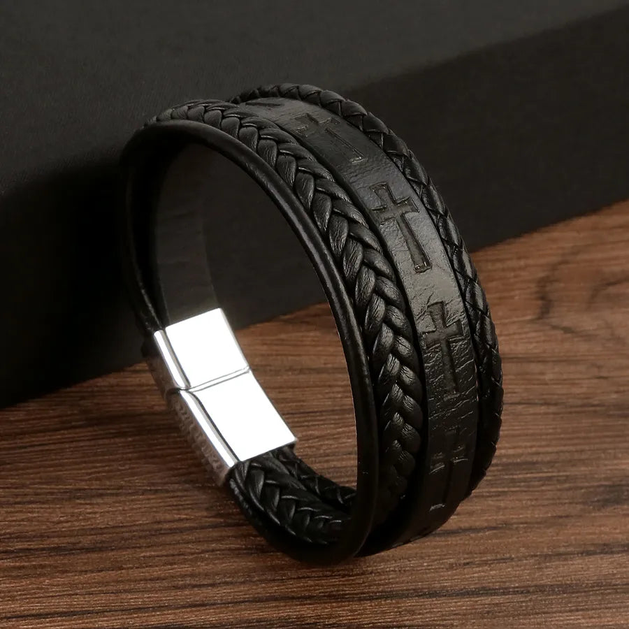 streetwear cross color block pu leather alloy men's bangle