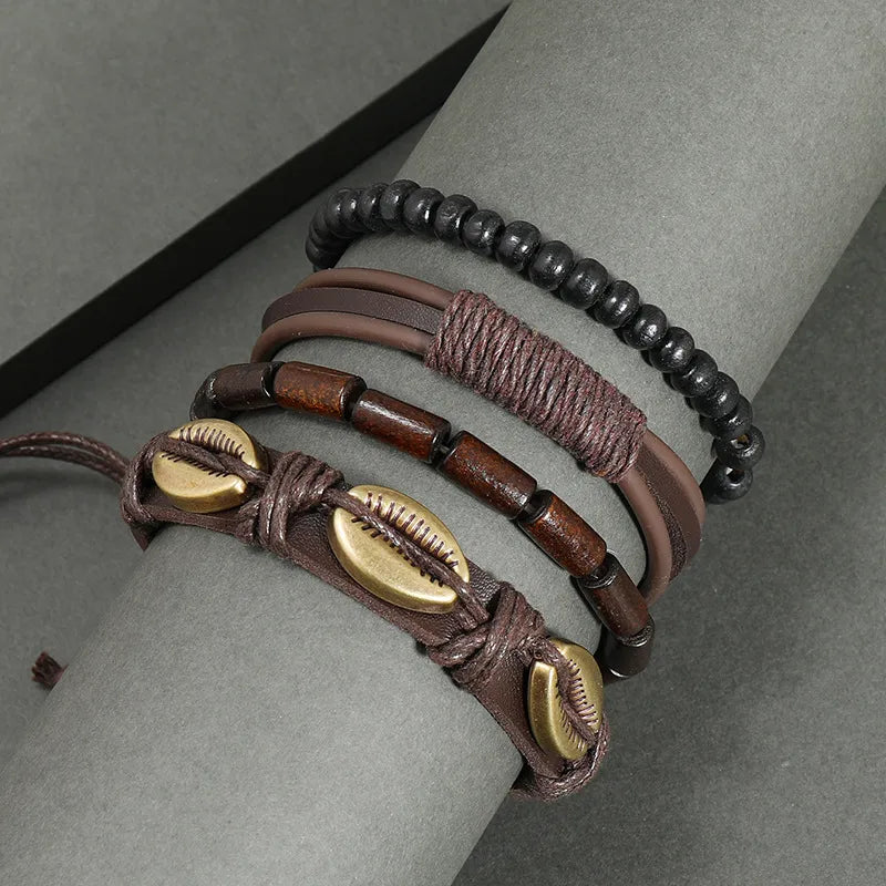 Retro Shell Pu Leather Alloy rope Men's Bracelets Drawstring Bracelets