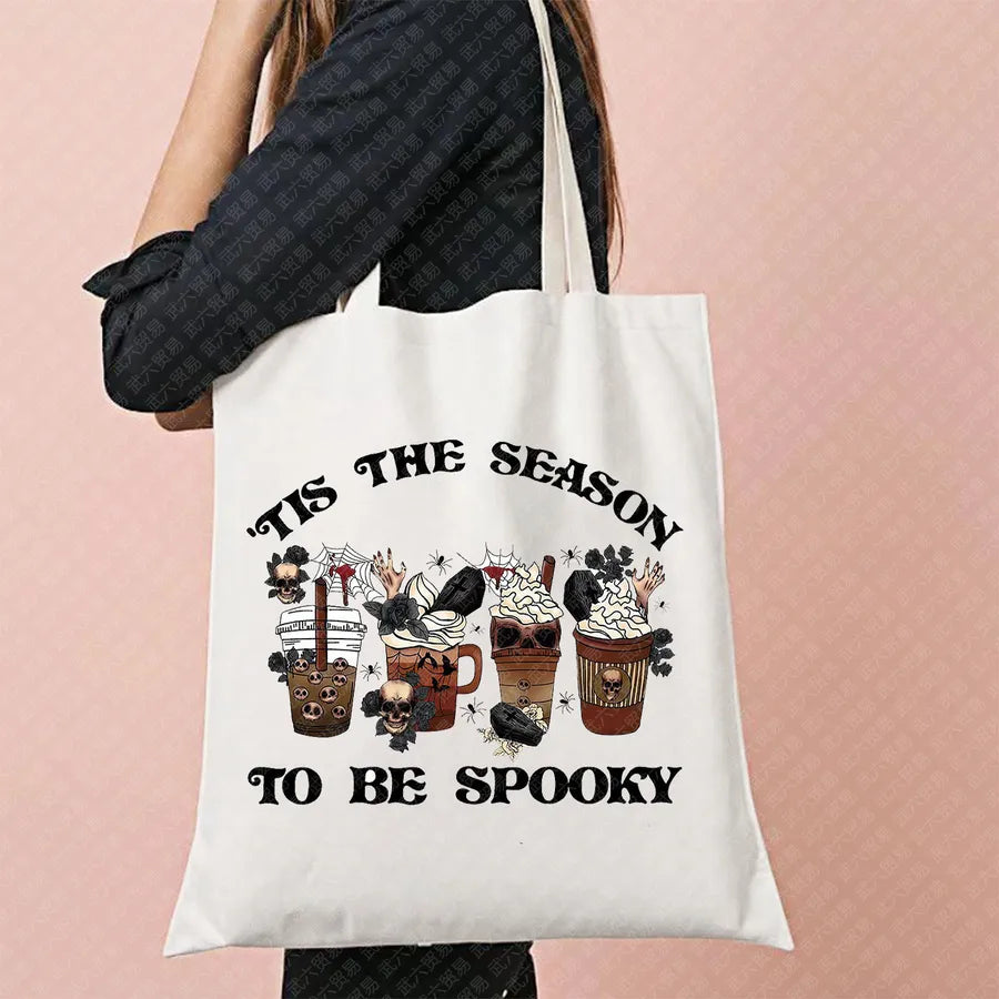 Ghost Pattern Halloween Outdoor Shopping Bag Cute Ghost Design Canvas Tote Bag For Ladies Retro Fashion Printed Large Size