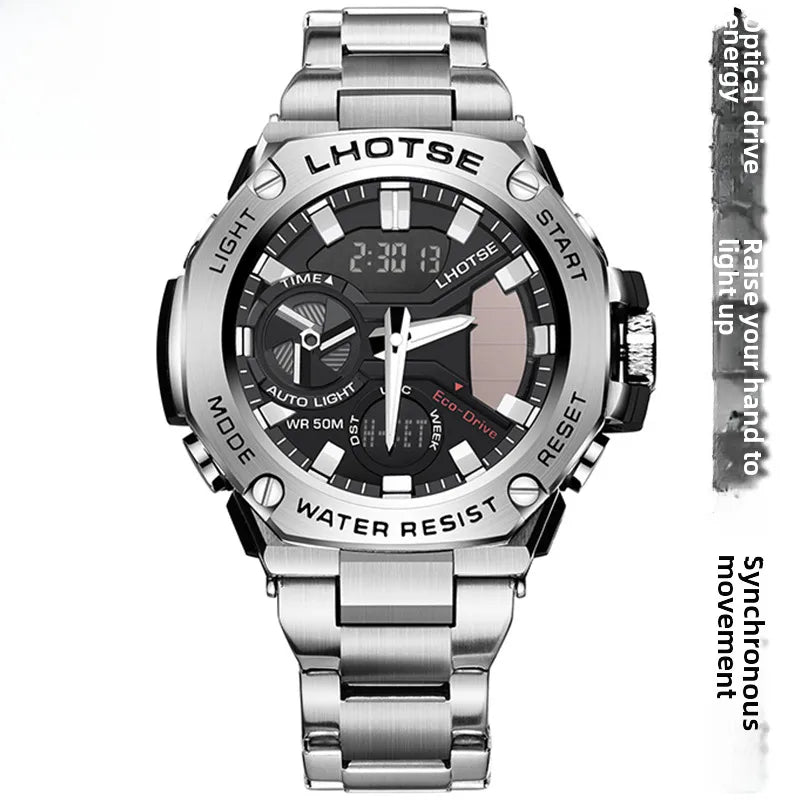Light kinetic energy Steel & Heart Trend sports waterproof steel belt men's Quartz Electronic double display watch wholesale