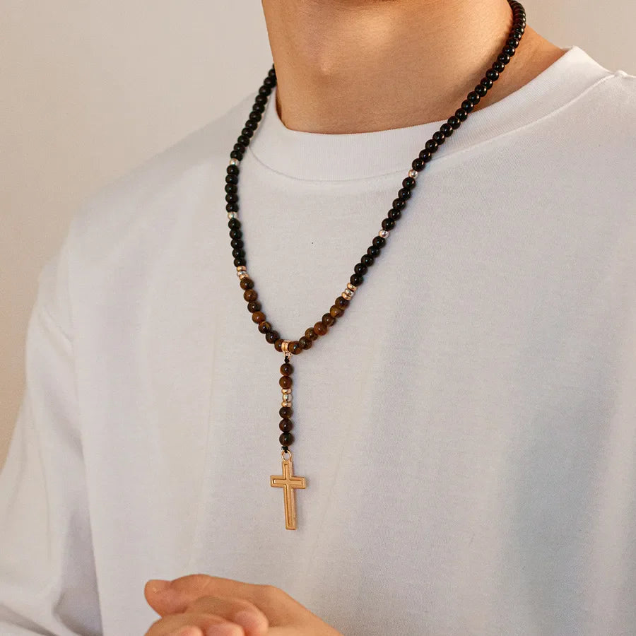 Retro Classic Style Cross Alloy Glass Tiger Eye Beaded Men's Pendant Necklace
