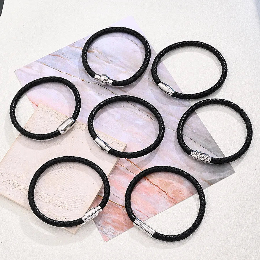 Casual Vacation Streetwear Simple 303 Stainless Steel Regenerated leather Handmade Polishing Braid Men's wristband