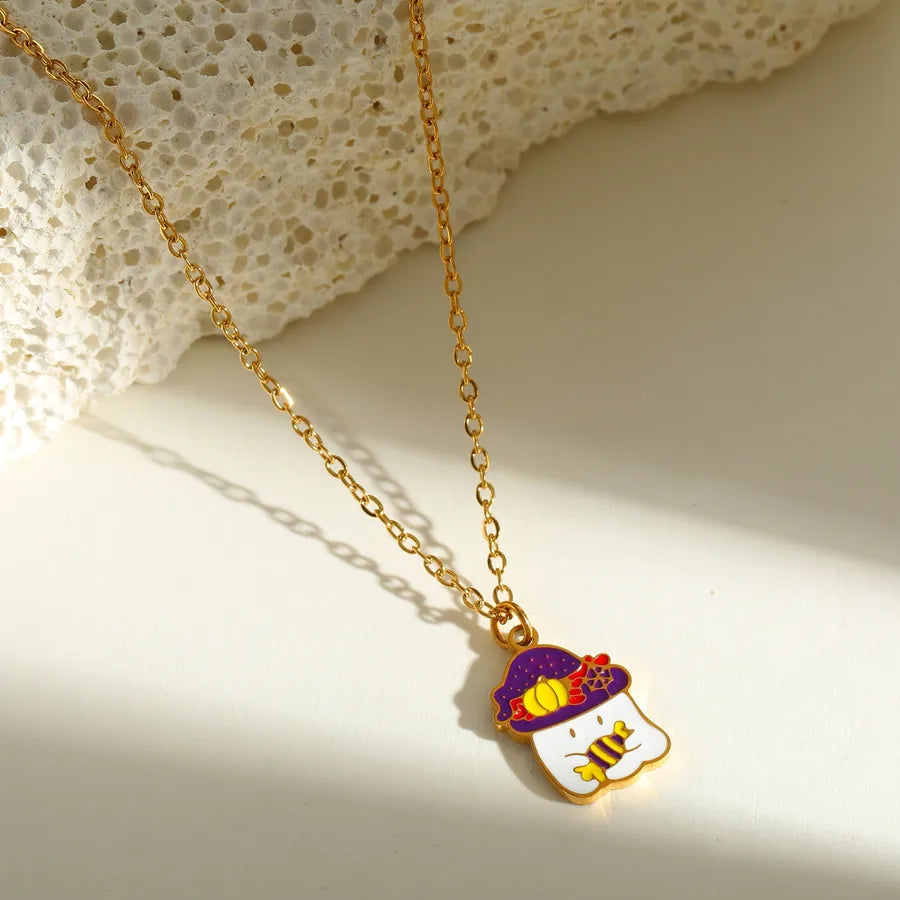 Halloween Series Stainless Steel 18K Gold Plated Drip Oil Hat Bat Pendant Necklace Funny Design Festival Jewelry Accessory