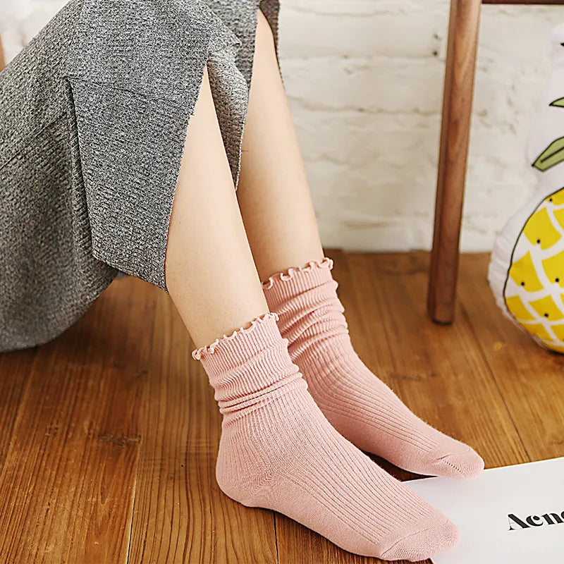 Stacked Socks Women's Japanese Style Autumn and Winter Cotton Thin Women's Socks Solid Color Wood Ear Retro Short Boots Socks