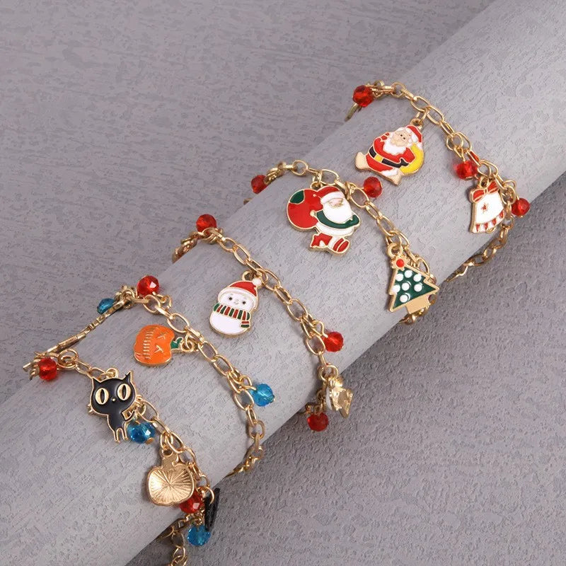 Christmas Themed Crystal Alloy Bracelet Deer Snowman Santa Claus Design Festival Gift Geometric Pattern Cute Unisex Bracelet