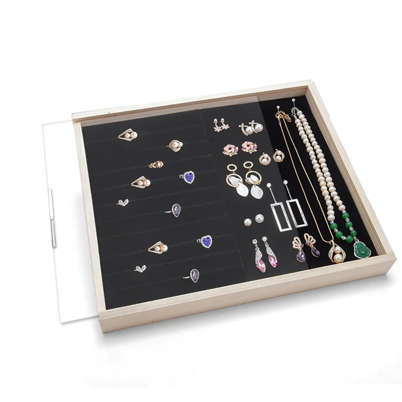 Solid wood dustproof jewelry box wall-mounted household earrings earrings display rack ring storage tray necklace earrings box