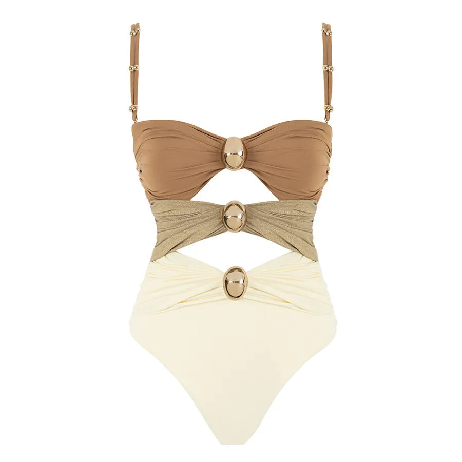 Women's Basic Classic Style Color Block 2 Pieces Set One Piece Swimwear