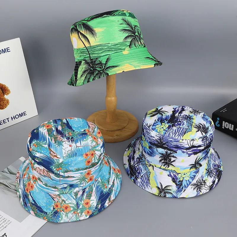 Women's Casual Commute Korean Style Coconut Tree Printing Flat Eaves Bucket Hat