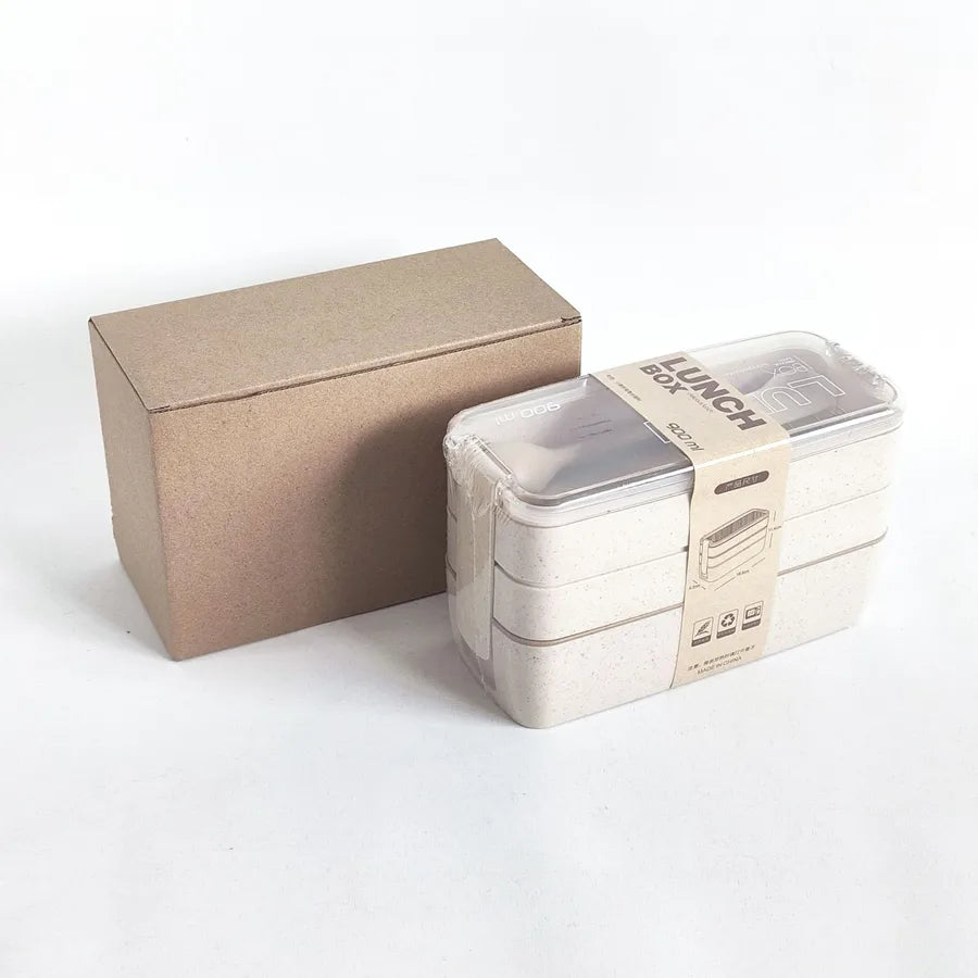 Square three-layer wheat straw fiber plastic lunch box student adult lunch box with tableware can be customized logo