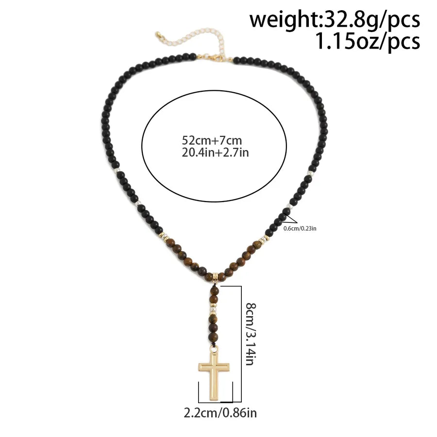 Retro Classic Style Cross Alloy Glass Tiger Eye Beaded Men's Pendant Necklace