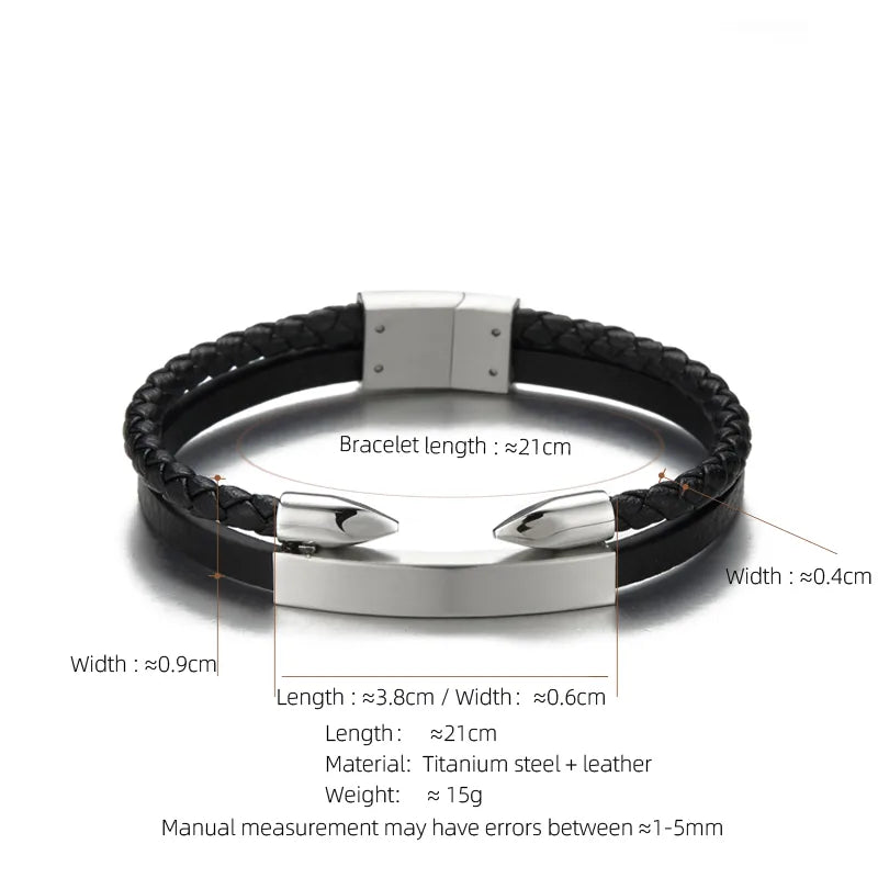 Simple Style Solid Color Stainless Steel Pu Leather Silver Plated Men's Bracelets