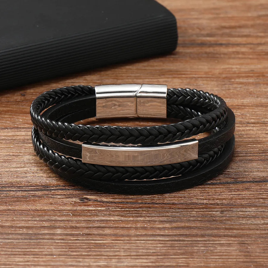 Retro Classic Style Geometric Pu Leather Alloy Titanium Steel Men's Bracelets Men Cord & Leather Bracelets
