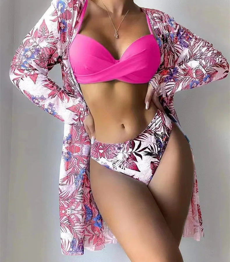 Women's Vacation Printing Solid Color 3 Pieces Set Bikinis Swimwear