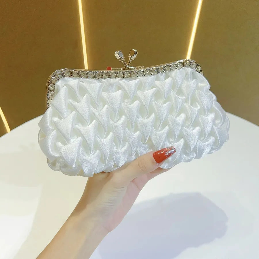 Elegant Silk Ladies Clutch Bag Diamond Embellished Evening Bag Wedding Bride Handbag Square Polyester Fashion Folded Design