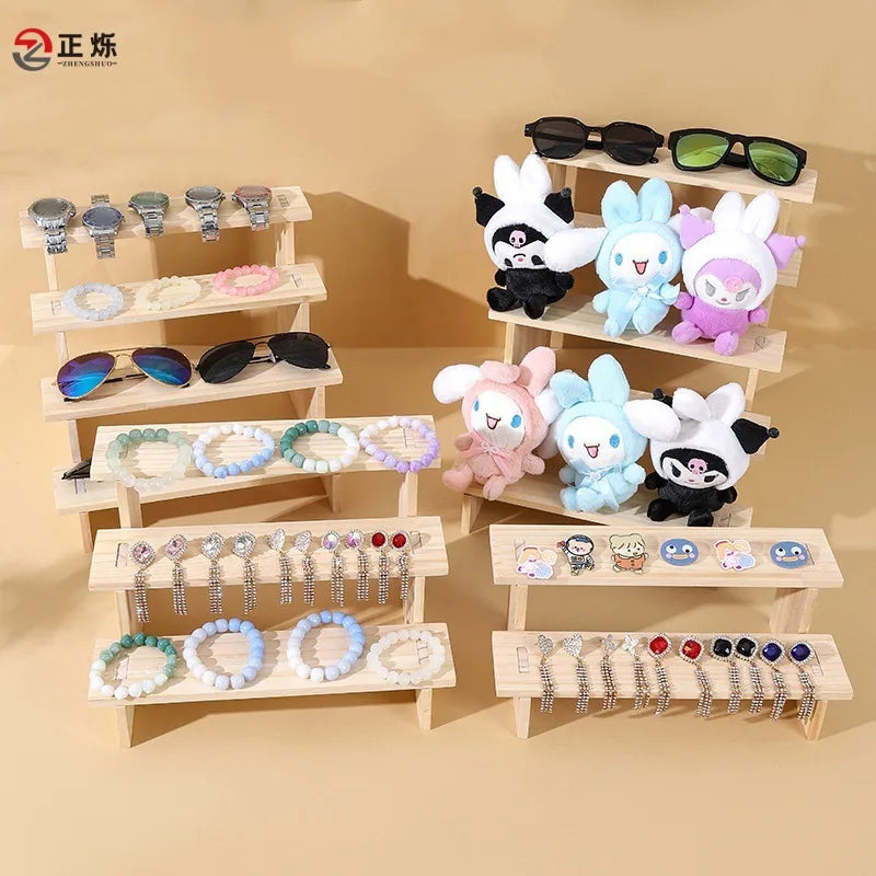Rustic Wooden Staircase Display Stand For Accessories Toy Figure Eyewear Vintage Design Jewelry Live Broadcast Props Stand
