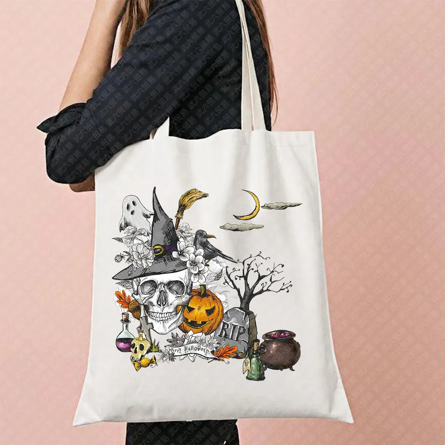 Ghost Pattern Halloween Outdoor Shopping Bag Cute Ghost Design Canvas Tote Bag For Ladies Retro Fashion Printed Large Size