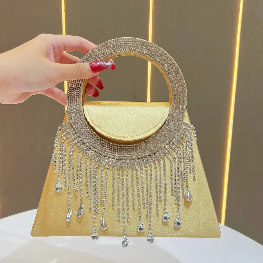 Elegant Diamond Embedded Women's Evening Bag Fashionable Crossbody Handbag High-End Sensation Bride Handbag Square Shape Polyester Material