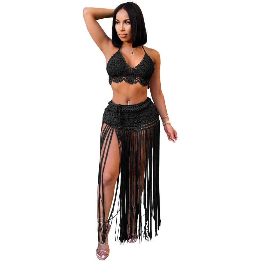 Daily Beach Women's Sexy Solid Color Polyacrylonitrile Fiber Hollow Out Skirt Sets Skirt Sets