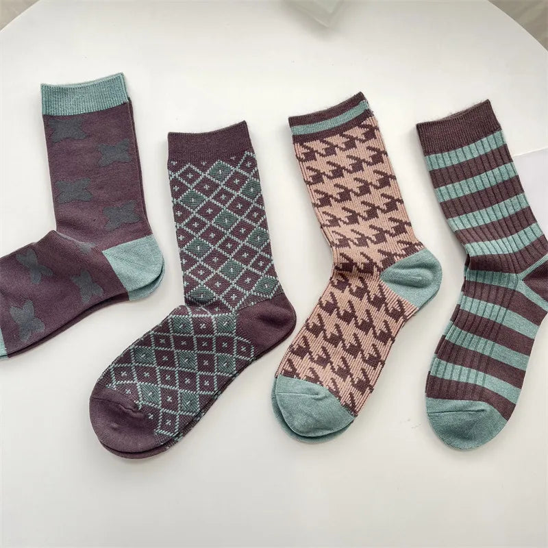 women's retro houndstooth polyacrylonitrile fiber crew socks a pair