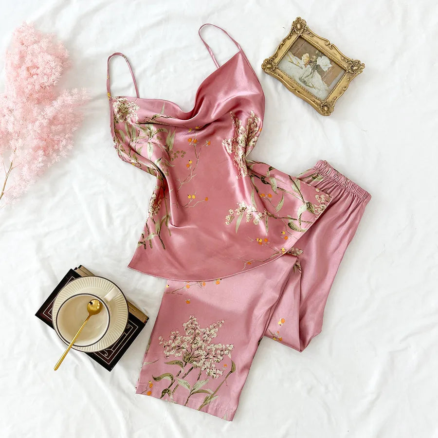 women's fashion cherry imitated silk pants sets