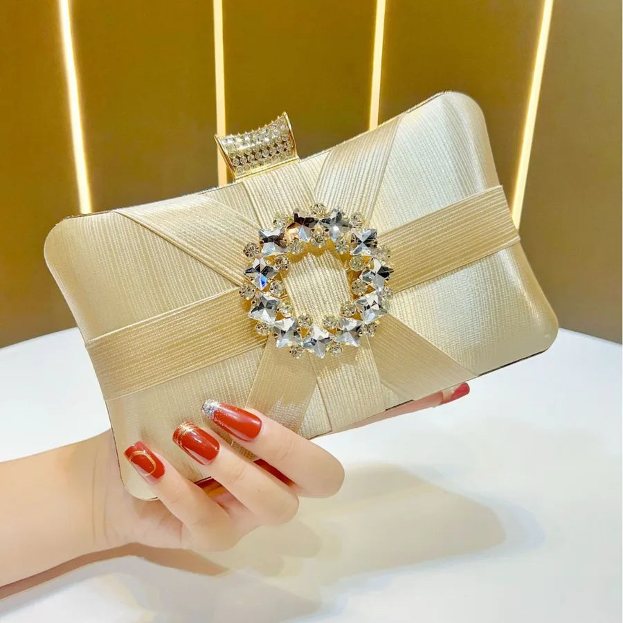 Elegant Diamond Embellished Clutch Shoulder Crossbody Bag For Women Party Dinner Handbag Fashionable Lock Buckle Design Polyester Square Bag